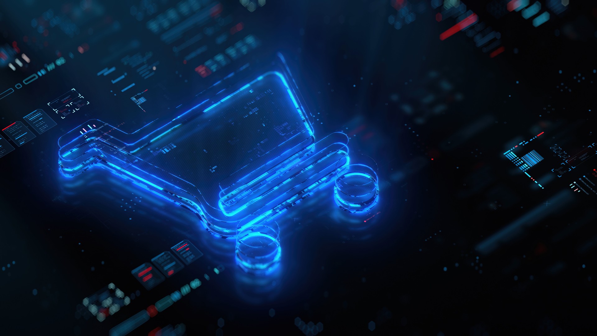 Digital cart icon hologram on future tech background. Online shopping evolution. Futuristic shopping cart icon in world of technological progress and innovation. CGI 3D render